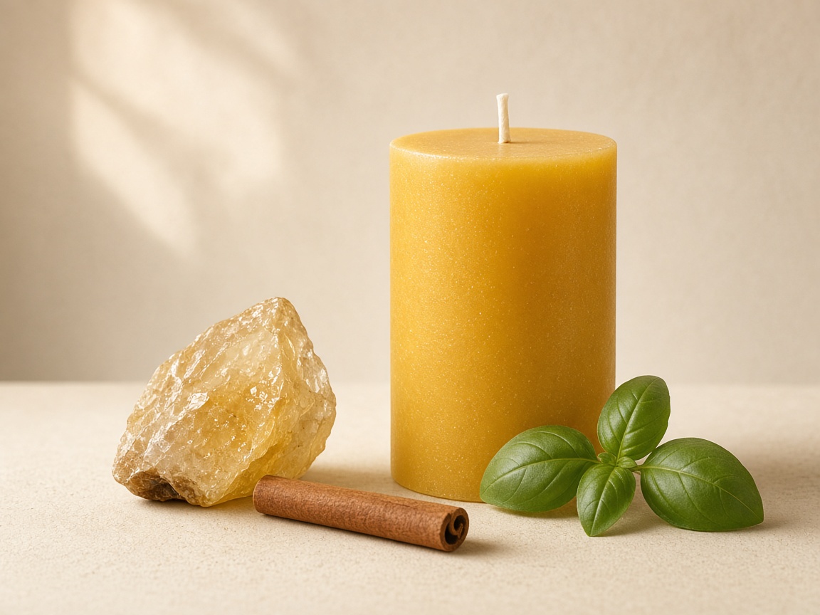 Amber scented candle with a cinnamon stick and basil leaves